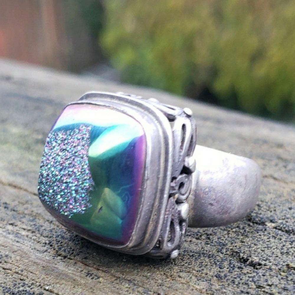 Vintage Sterling Silver Druzy Pink Turquoise Stone Sz 6.5  13g Heavy